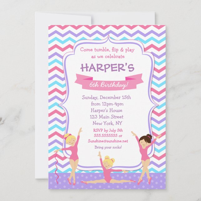 Purple Gymnastics Gym Birthday Invitations (Front)