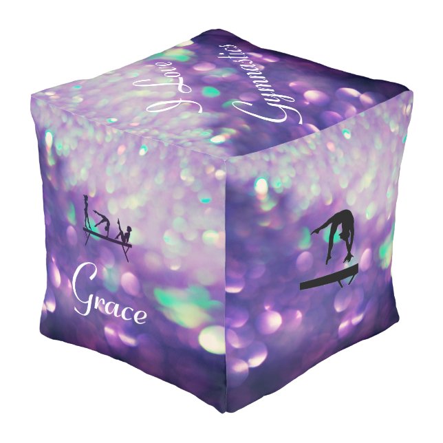 PURPLE GYMNASTICS PERSONALIZED CUBE POUF (Angled Back)