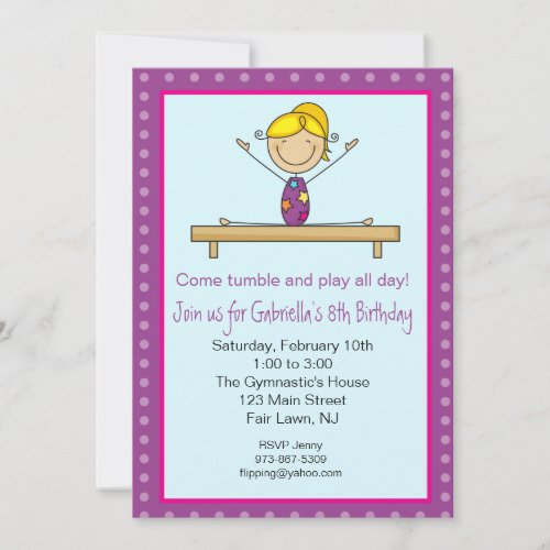 Purple Gymnastics Stick Figure Birthday Invitation