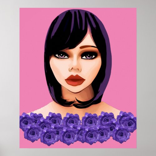 Purple hair and Roses Cartoon Pinup Girl Art Poster