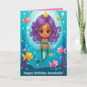 Purple Hair Black Mermaid Birthday Personalize Card