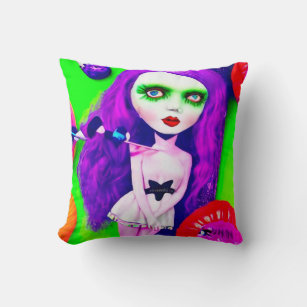 Purple Hair Doll Throw Pillow