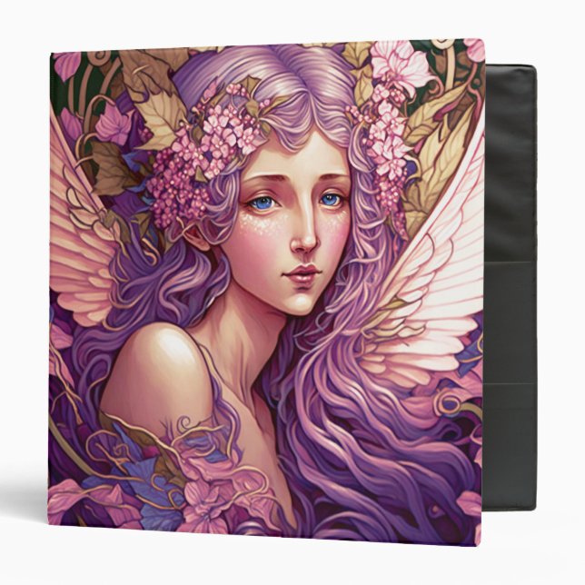 Purple Hair Fairy Angel Fantasy Art 3 Ring Binder (Front/Inside)