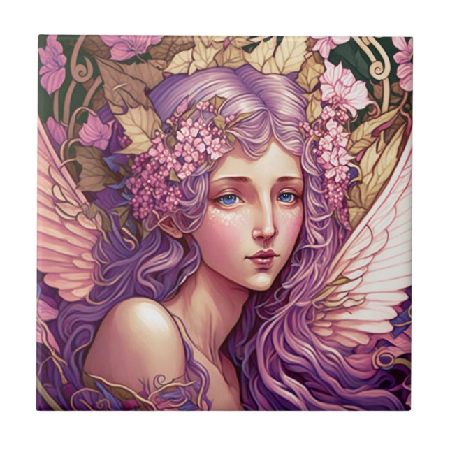 Purple Hair Fairy Angel Fantasy Art Ceramic Tile (Front)