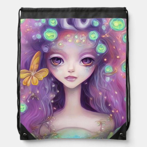 Purple Hair Fairy Drawstring Bag