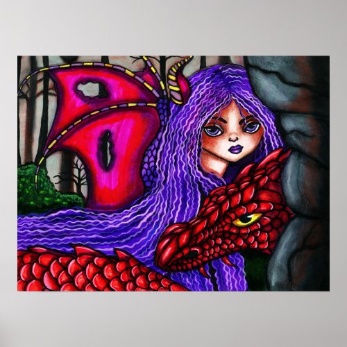 Purple Hair Fairy Red Dragon Original fantasy Art Poster