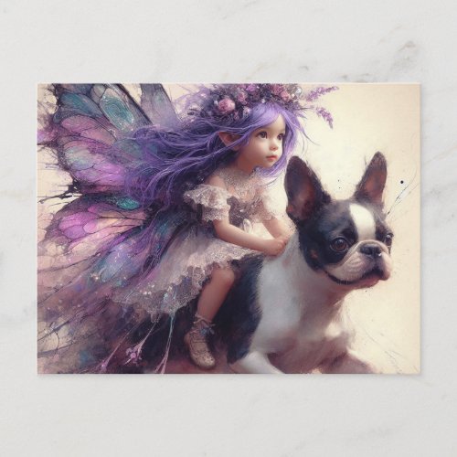 Purple Hair Fairy Riding a Boston Terrier Fantasy Postcard