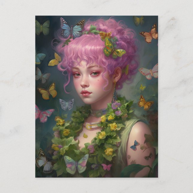 Purple Hair Flowers and Butterfly Woman Postcard (Front)