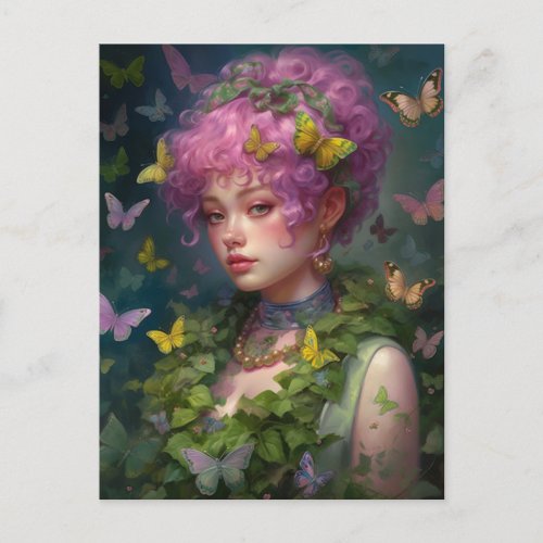 Purple Hair Ivy and Butterfly Woman Postcard