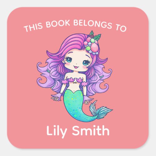 Purple Hair Mermaid and Kids Name book label