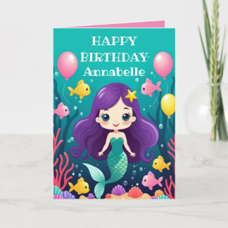 Purple Hair Mermaid Birthday Personalize Card