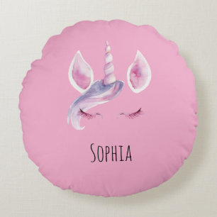 Purple Hair Pink Unicorn Birthday Round Pillow