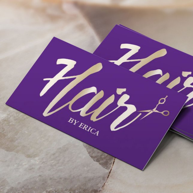 Purple Hair Stylist Gold Script Modern Salon Business Card (Creator Uploaded)
