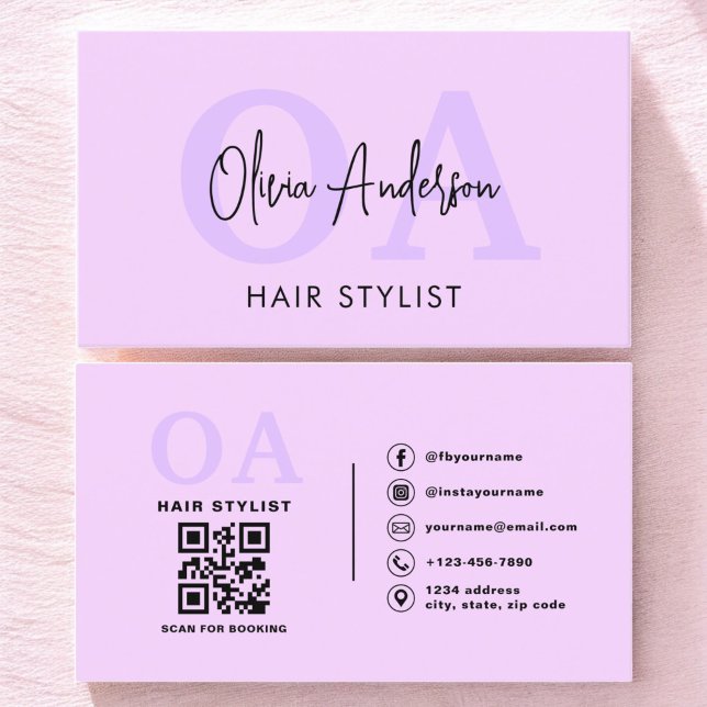 Purple Hair Stylist QR Code Monogram  Business Card (Creator Uploaded)