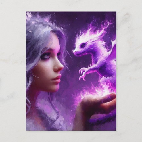 Purple Hair Woman with a tiny purple Dragon Postcard