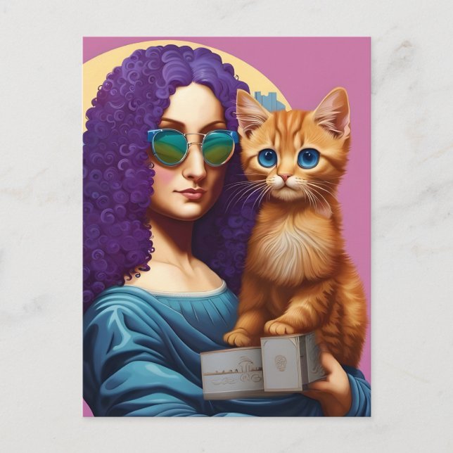Purple haired Mona and her Ginger Kitty Postcard (Front)