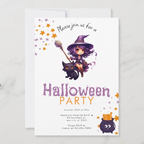 Purple Haired Witch and Black Cat Halloween Party Invitation