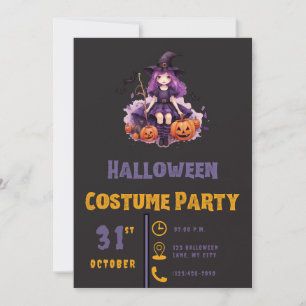 Purple Haired Witch and Pumpkins Black Halloween Invitation