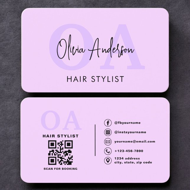 Purple Hairstylist Monogram QR Code Business Card (Creator Uploaded)