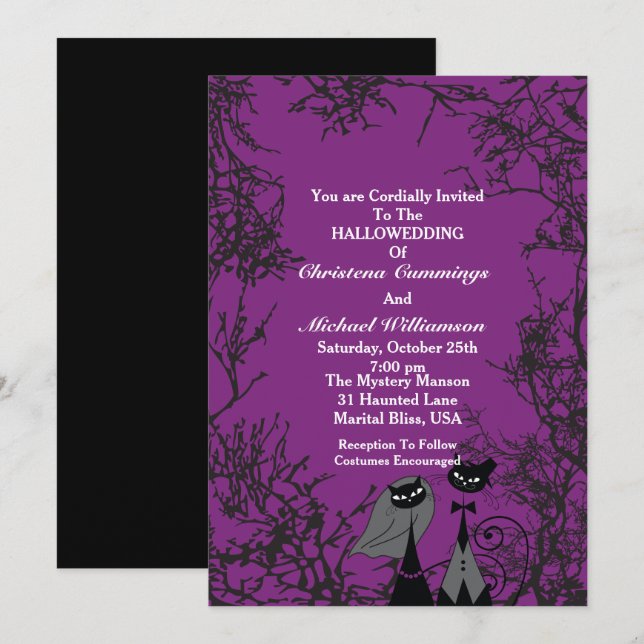 Purple Hallowedding Cats Wedding Invitation 2 (Front/Back)