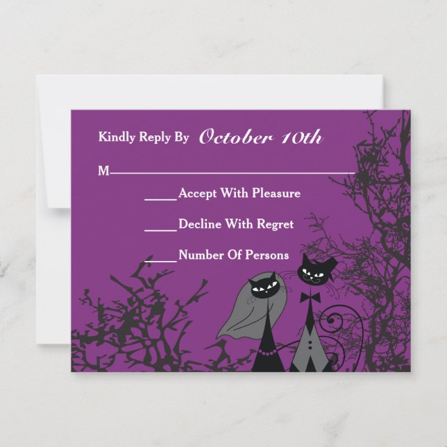 Purple Hallowedding Cats Wedding RSVP Card (Front)