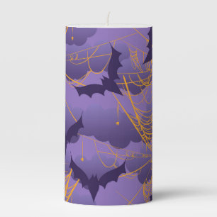 PURPLE HALLOWEEN BATS & ORANGE SPIDER WEBS PILLAR CANDLE