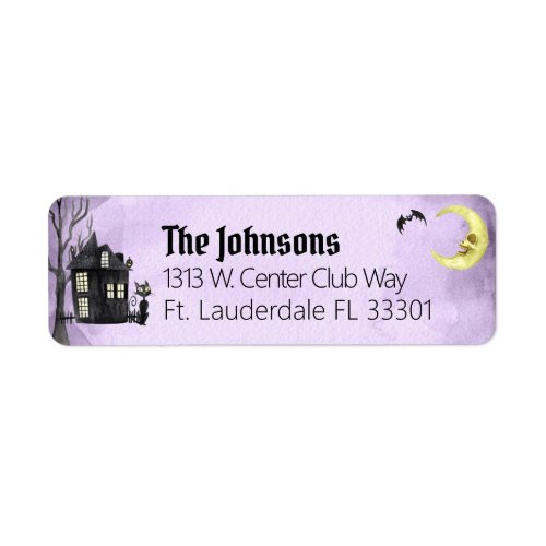 Purple Halloween Black Cat Haunted House Address Label