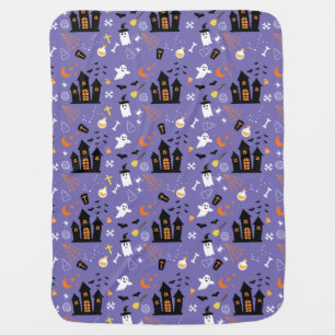 Purple Halloween Ghost and Haunted House Baby Blanket