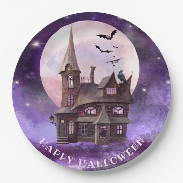Purple Halloween Haunted House Bats Full Moon Paper Plates (Front)