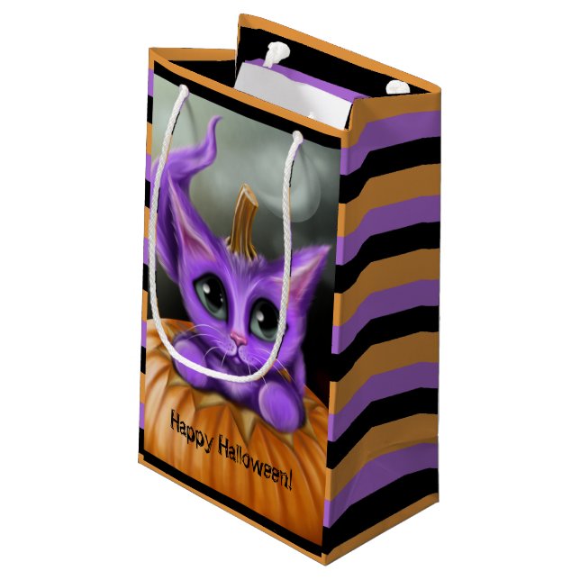 Purple Halloween Kitty Striped Small Gift Bag (Back Angled)