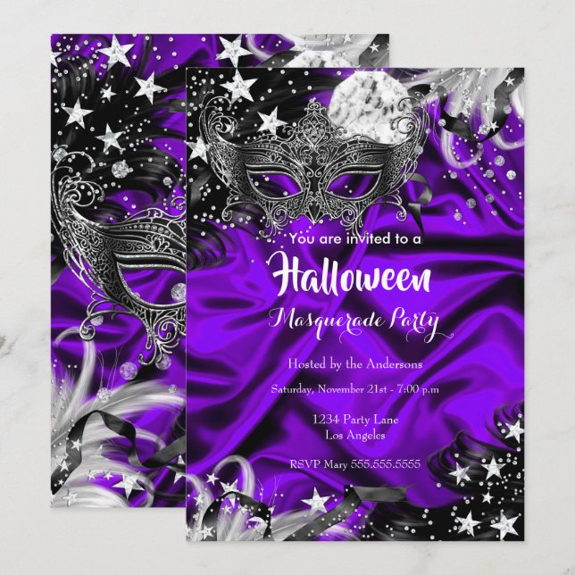 Purple Halloween Magical Night Masquerade Party Invitation (Front/Back)
