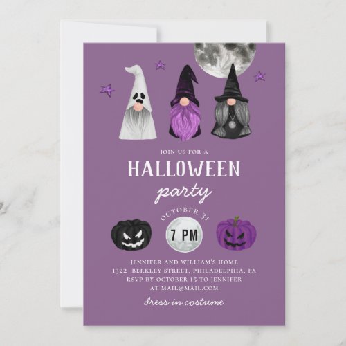 Purple Halloween party Gnomes witch  pumpkin Invitation