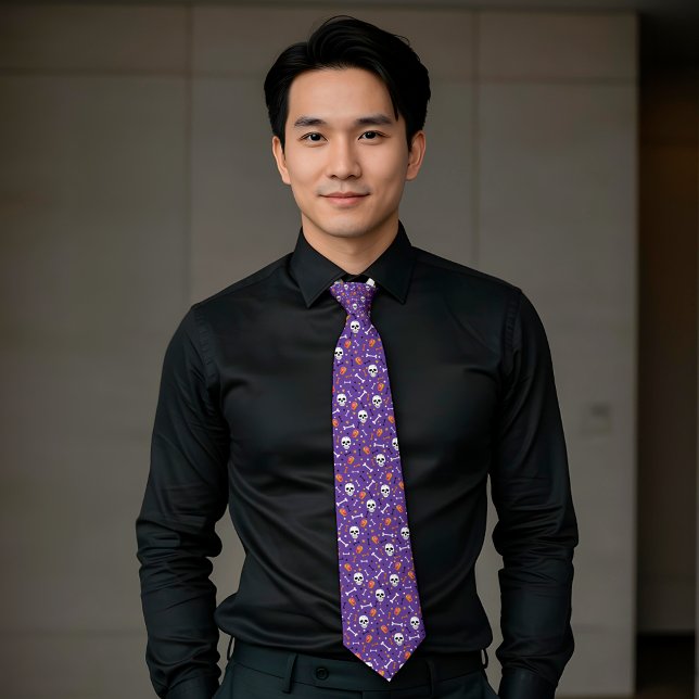 Purple Halloween Skull Bone Coffin Pattern  Neck Tie (Creator Uploaded)