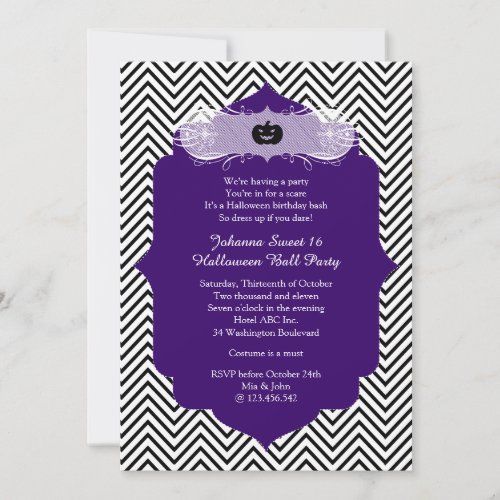 Purple Halloween Sweet 16 Ball Costume Party Invitation