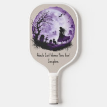 Purple Halloween Witch Black Cat Graveyard Bats 