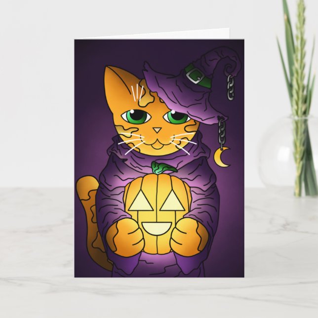 Purple Halloween Witch Cat Card (Front)