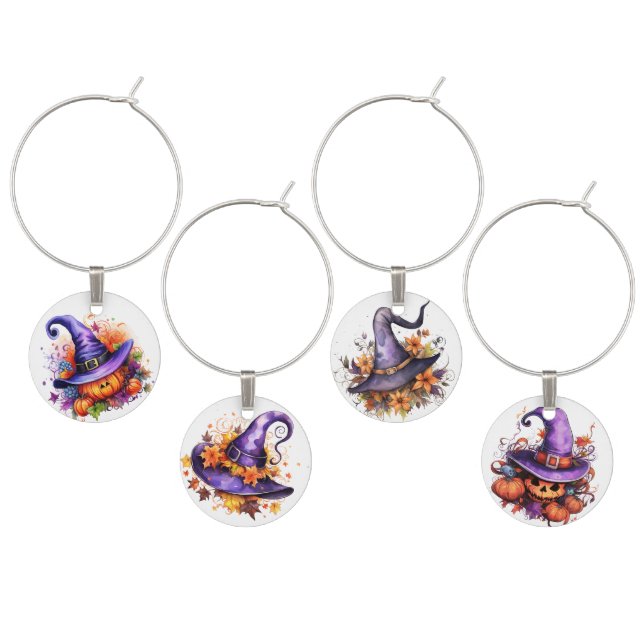 PURPLE HALLOWEEN WITCHES HAT AND PUMPKINS WINE CHARM (Staggered)