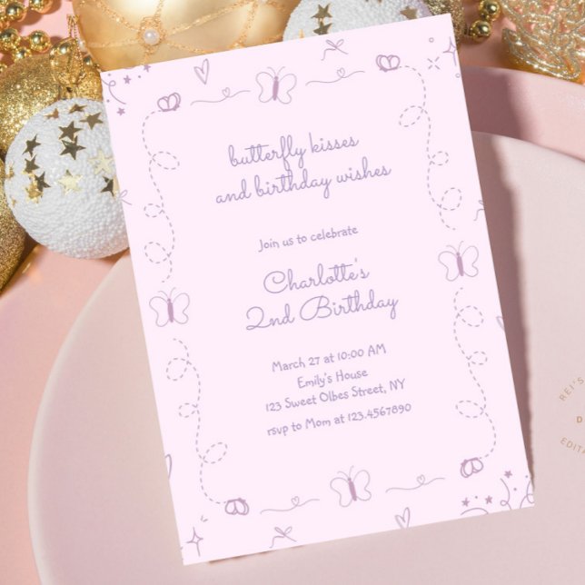 Purple Hand Drawn Butterfly Birthday Whimsical  Invitation (Purple Butterfly Birthday Invitation, Whimsical Butterfly Birthday, Hand drawn Butterflies, Handwrit)