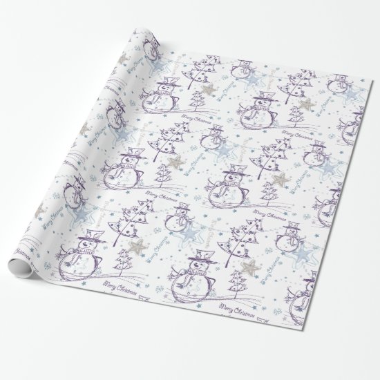 Purple Hand Drawn Christmas Snowman Wrapping Paper