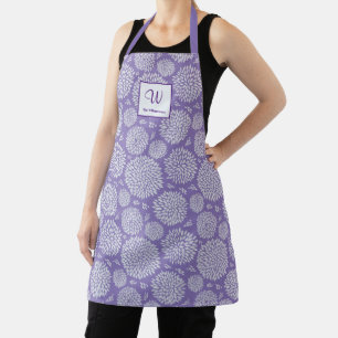 Purple Hand-drawn Flower pattern Monogram Apron