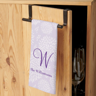 Purple Hand-drawn Flower pattern Monogram Kitchen Towel