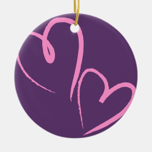 Purple Hand Drawn Hearts Ceramic Ornament