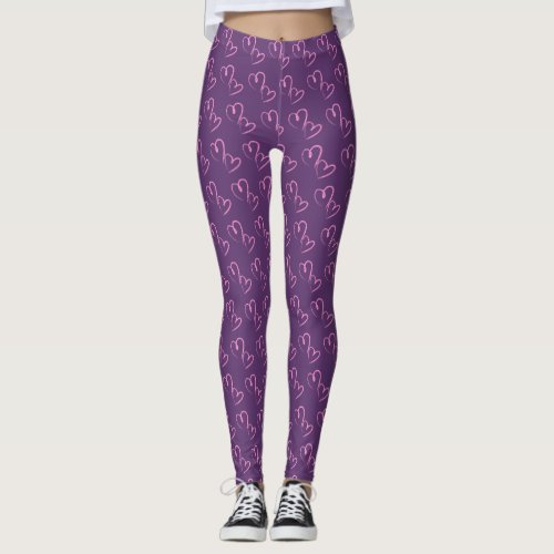 Purple Hand Drawn Hearts Leggings