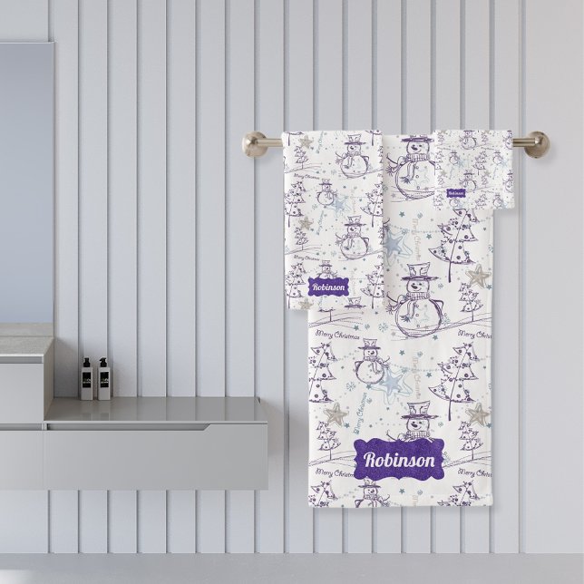 Purple Hand Drawn Jolly Xmas Snowman Bath Towel Set (Creator Uploaded)