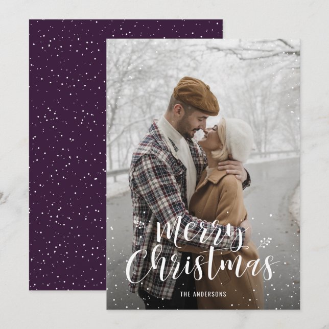 Purple Hand Lettered Snow Photo Christmas Cards (Front/Back)