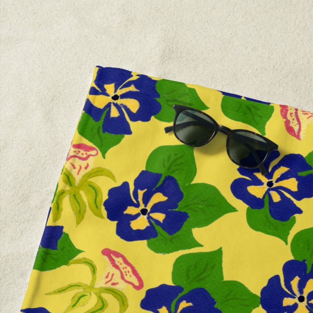 Purple Hand-Painted Pansy on Yellow Beach Towel (In Situ)