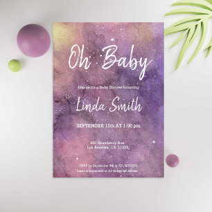 Purple Hand Painted Watercolor Galaxy Baby Shower Invitation
