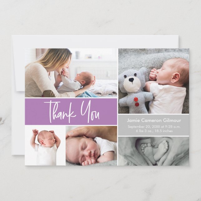 Purple Handlettering Photo Collage Baby Shower Thank You Card (Front)
