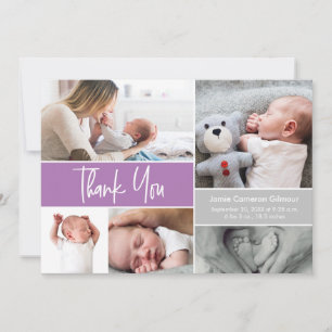 Purple Handlettering Photo Collage Baby Shower Thank You Card