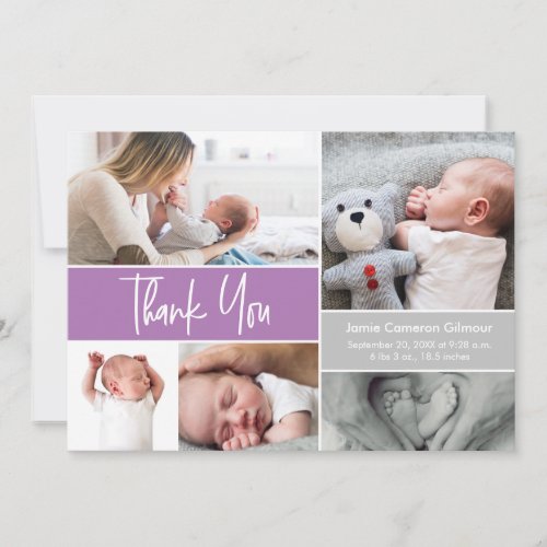 Purple Handlettering Photo Collage Baby Shower Thank You Card